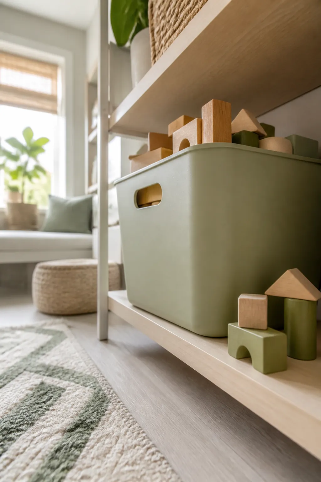 Sage green toy storage bin on a low shelf, wooden building blocks stacked on top of it and beside it