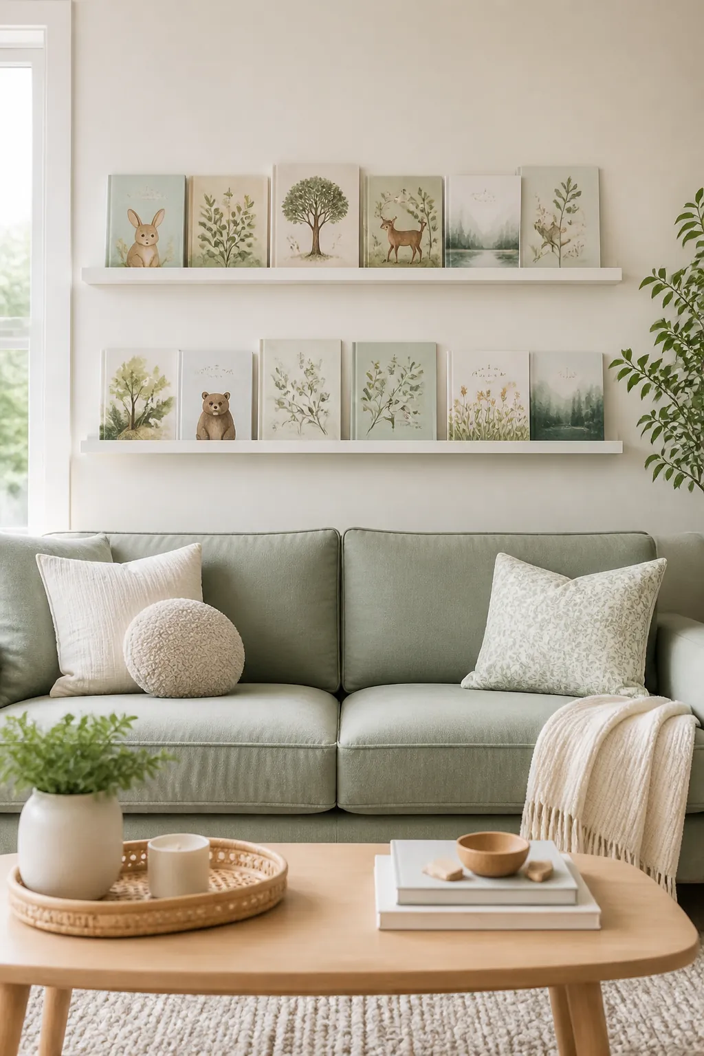 Kids book storage on two narrow wall ledges above a living room sofa, picture books displayed cover-out
