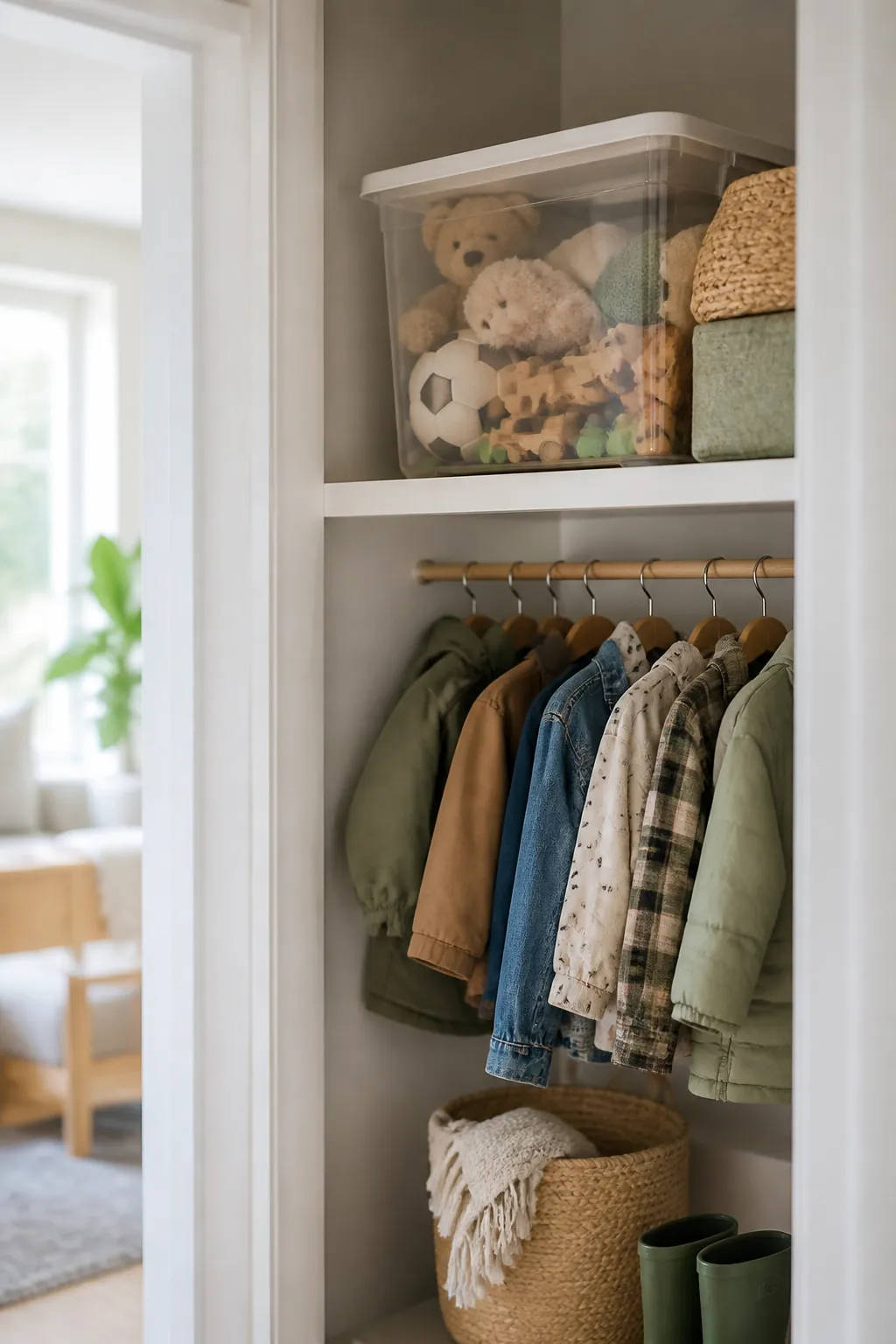 Overflow toy storage in a clear lidded box on a high closet shelf, stuffed animals inside, kids' coats hanging below