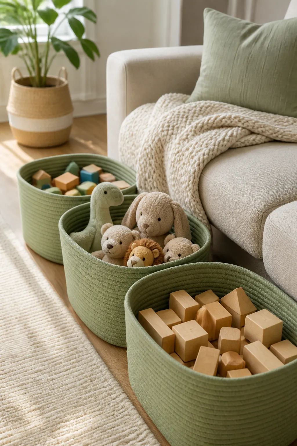 Three woven toy storage baskets on the floor beside the sofa, holding building blocks and stuffed animals