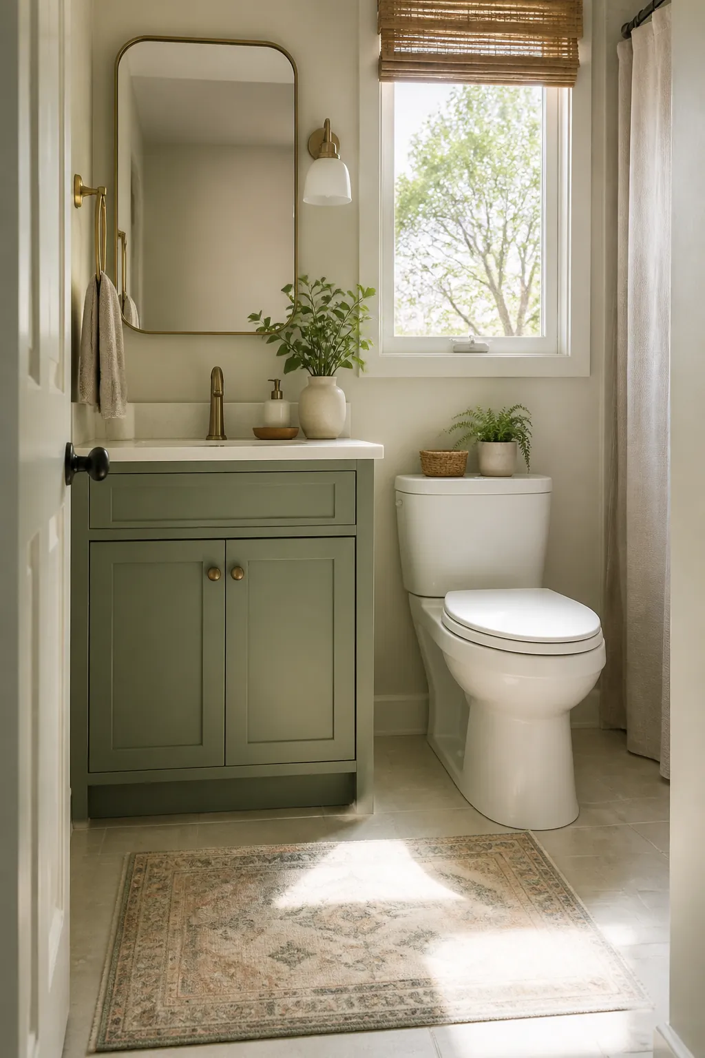 A tape measure spanning the narrow gap between a bathroom vanity cabinet and the wall at floor level