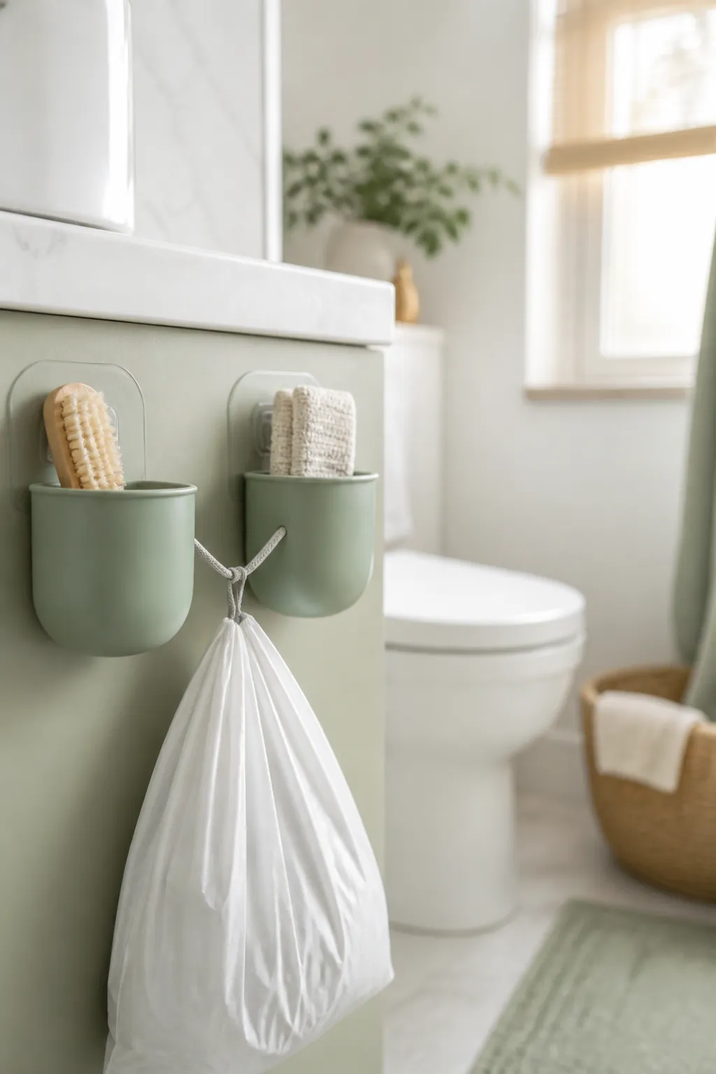 Two adhesive wall storage cups on a vanity side wall holding a small trash bag open between them