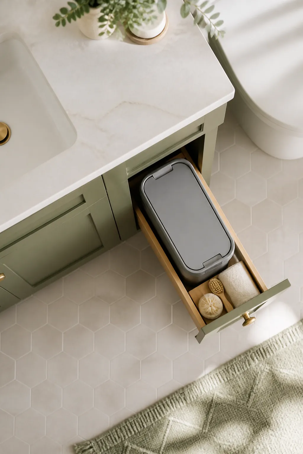 A slim trash can on a pull-out under-sink organizer tray, extended partway out of a vanity cabinet