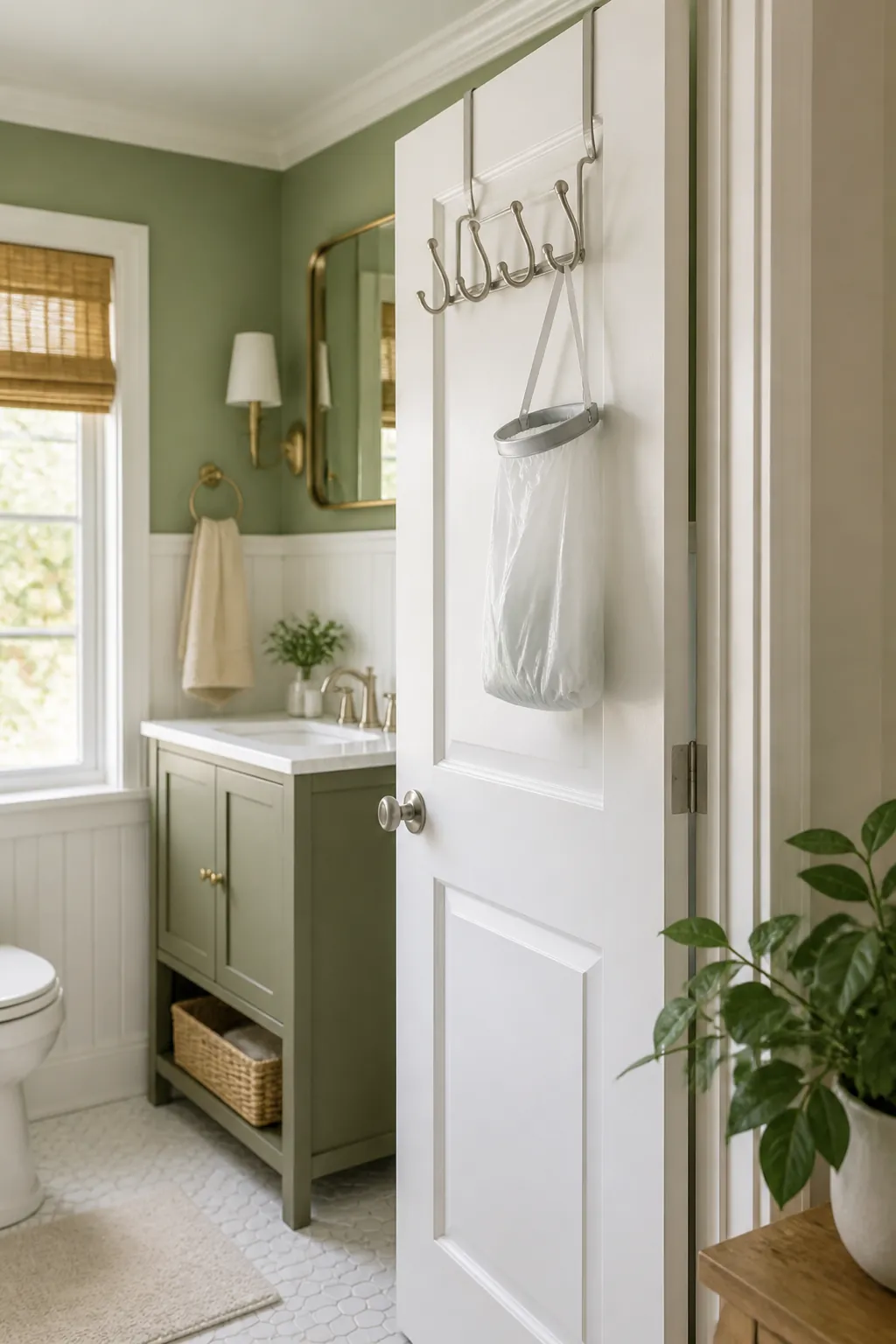 An over-the-door hook hanger on a bathroom door back, a small trash bag hanging from one hook