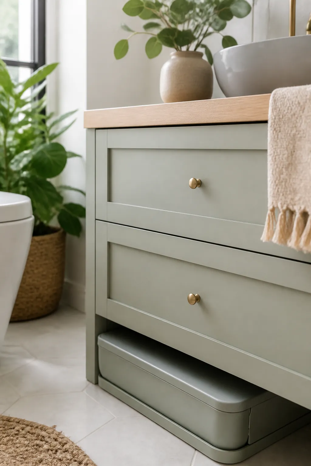 A thin trash bin slid into the recessed toe-kick space at the base of a bathroom vanity