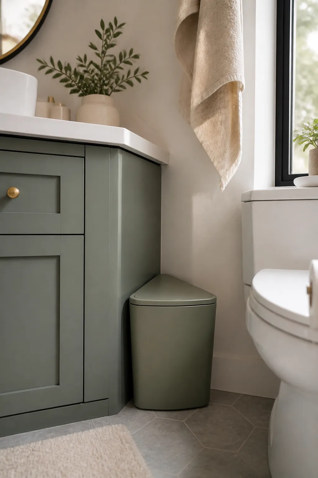 A triangular trash can fitted into the corner where a bathroom vanity meets the wall near the toilet