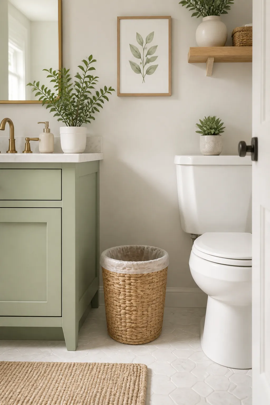 An open woven basket lined with a trash bag standing on the bathroom floor beside a vanity