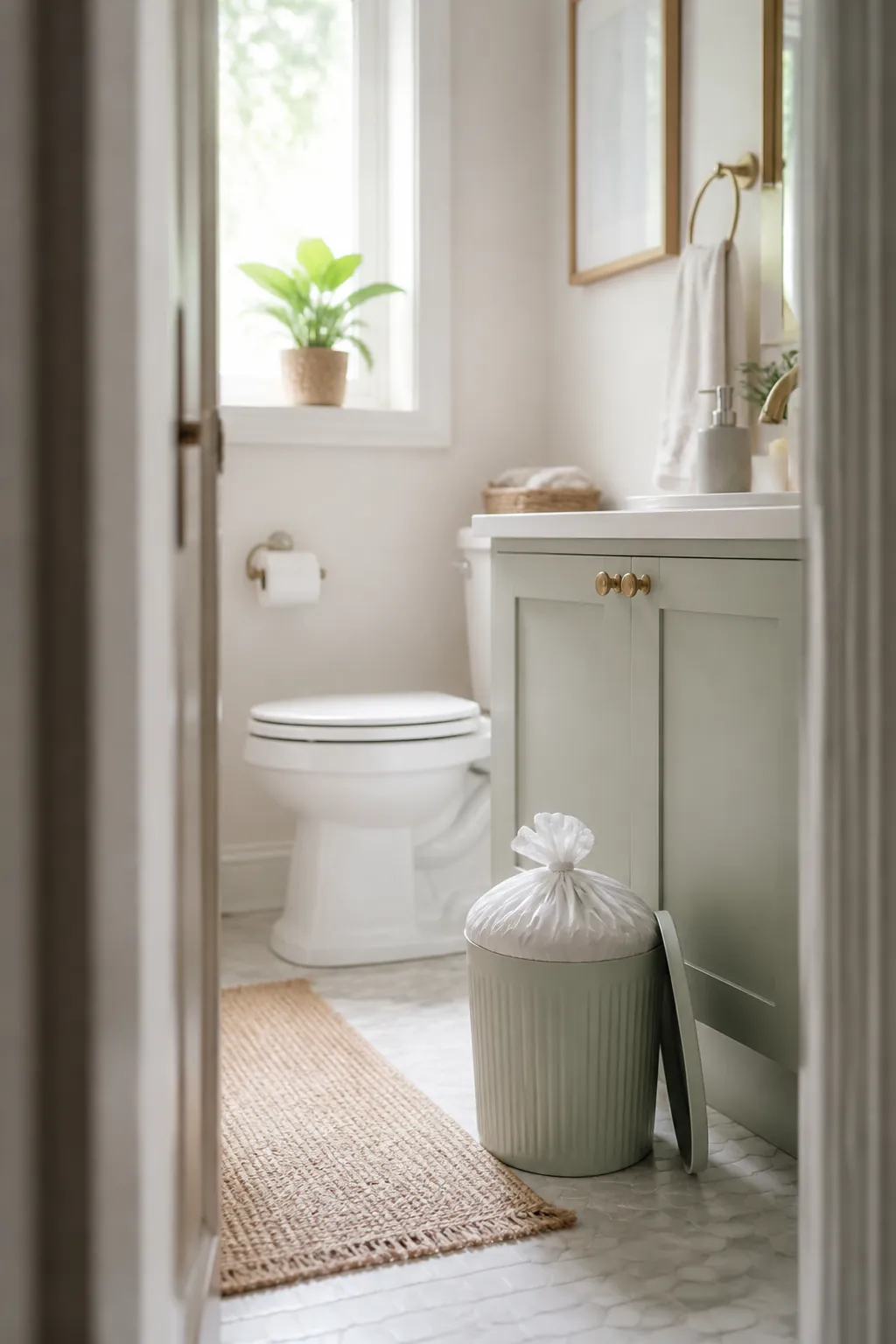 A trash bag tied off two-thirds full inside a small bathroom trash can with the lid open