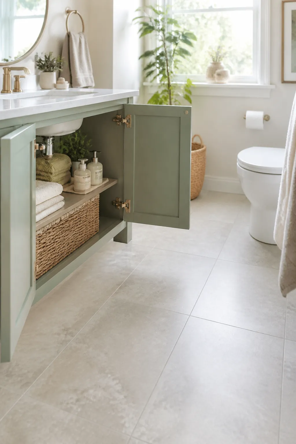 A bathroom vanity cabinet door opened fully with the floor space in front of it left clear