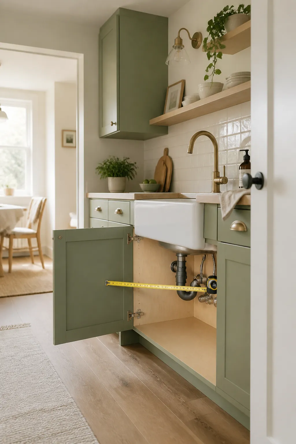 A tape measure stretched across an open under-sink cabinet, from the door edge to the drain pipe.
