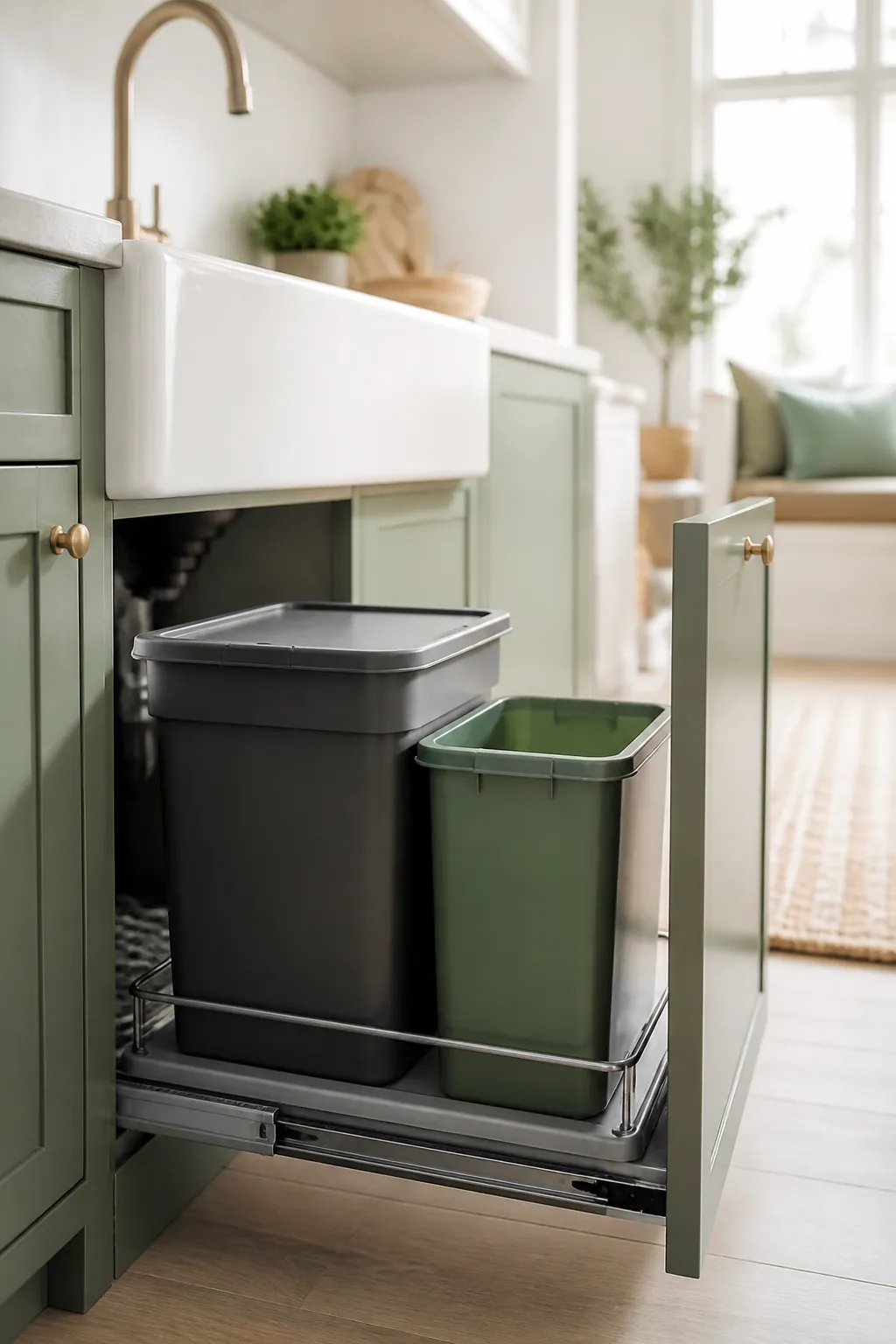 A pull-out tray extended from an under-sink cabinet holding a trash bin and a recycling bin side by side.