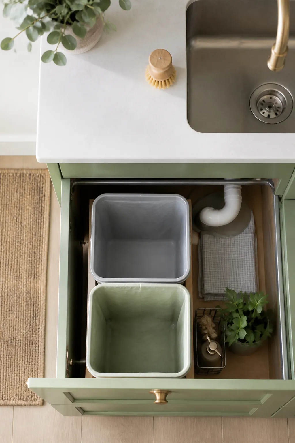A slim dual-compartment bin with one side for trash and one for recycling, standing inside a narrow cabinet.