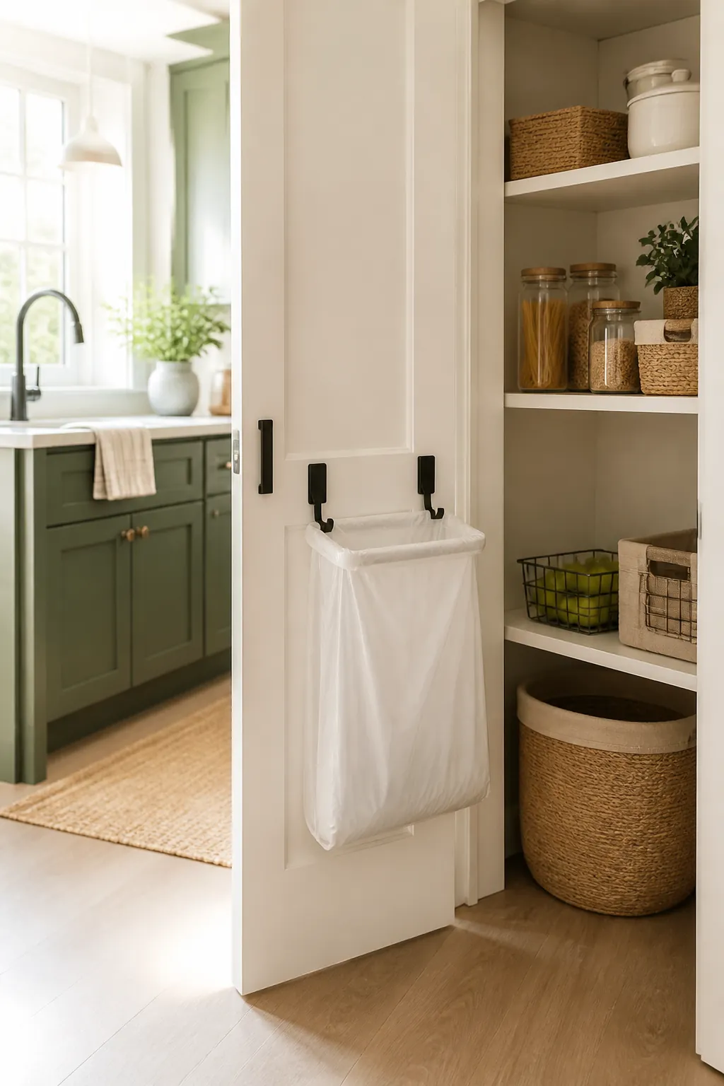 Hooks mounted on the inside of a pantry door holding a trash liner bag open at waist height.