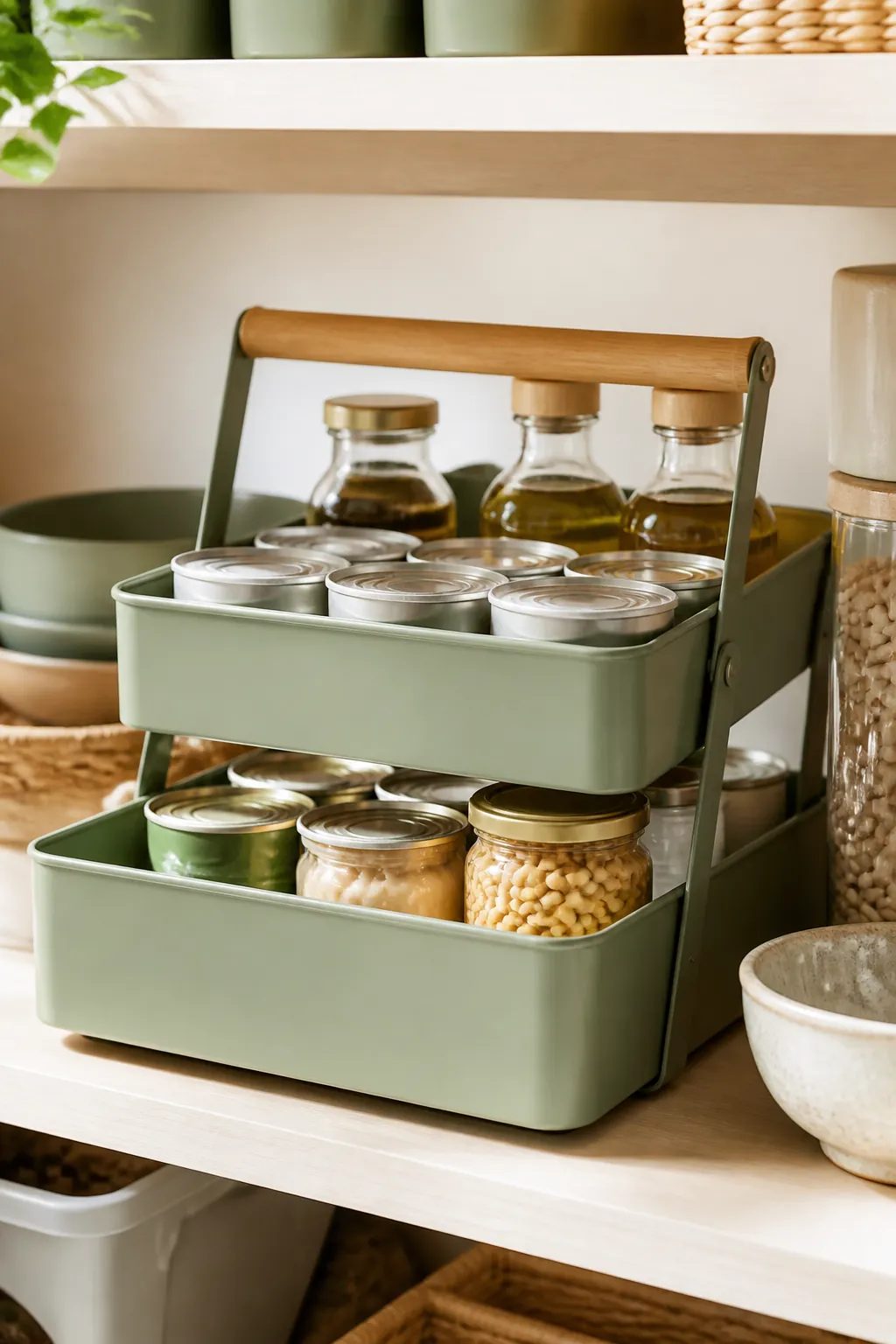 A stackable caddy with a carry handle on a pantry shelf, filled with rinsed cans and bottles.