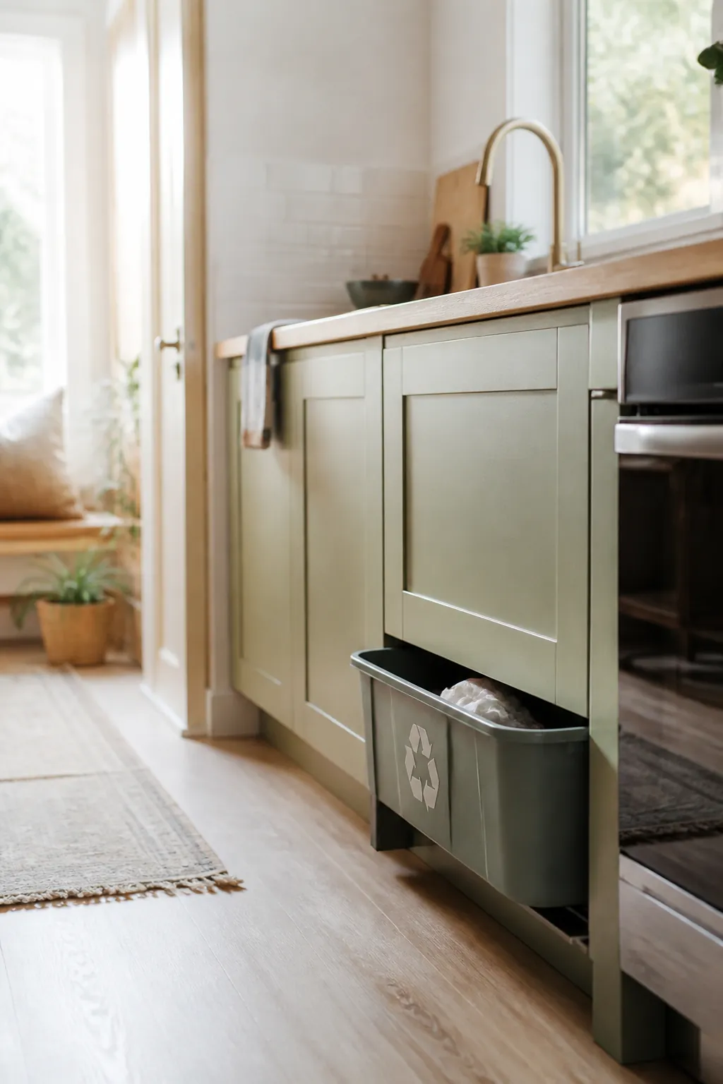 A slim bin tucked into the recessed toe-kick space at the base of a kitchen cabinet run.