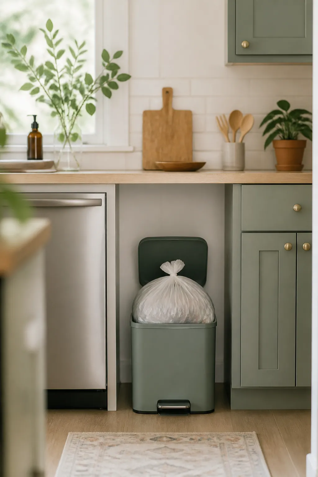 A trash bag tied off two-thirds full inside a small kitchen bin positioned away from the dishwasher.