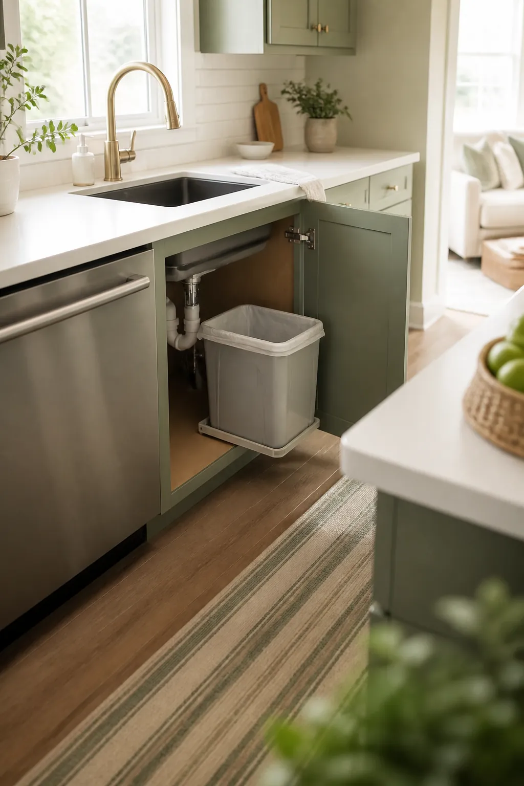 A trash bin positioned clear of the shutoff valves and dishwasher door inside an open kitchen cabinet.