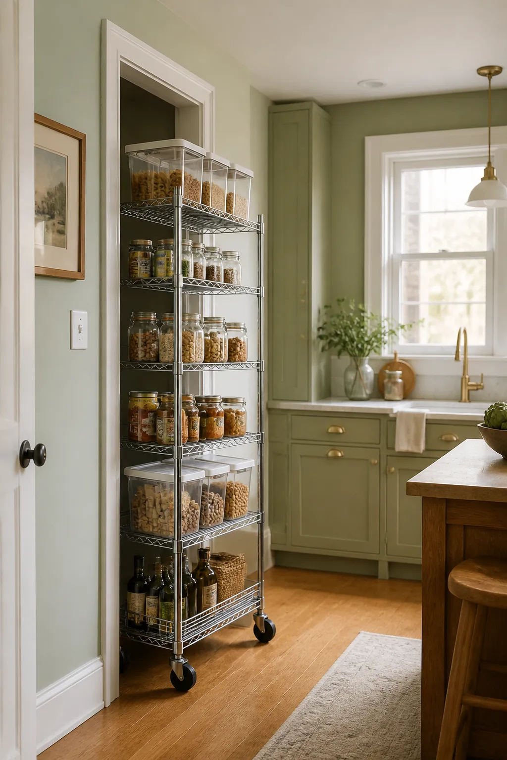 A chrome five-tier wire shelving unit on wheels rolled halfway out of a hall closet, shelves stocked with jars, cans and clear bins