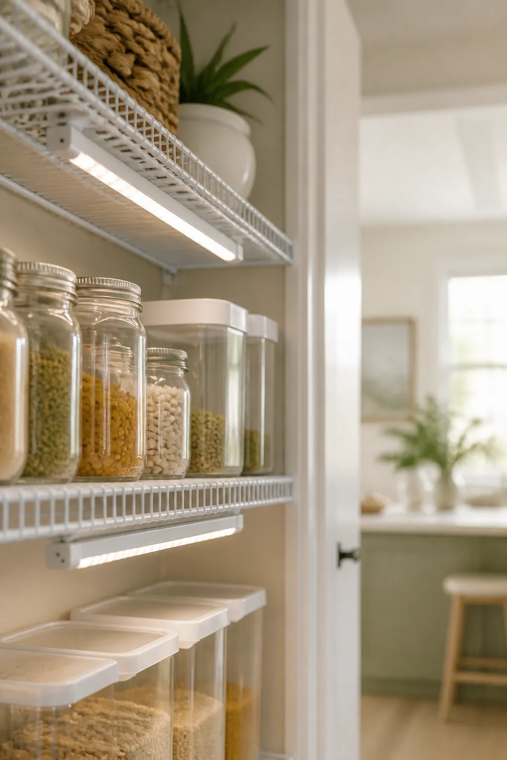 Two slim white LED strip lights on the undersides of wire pantry shelves, lighting jars and bins inside an open closet