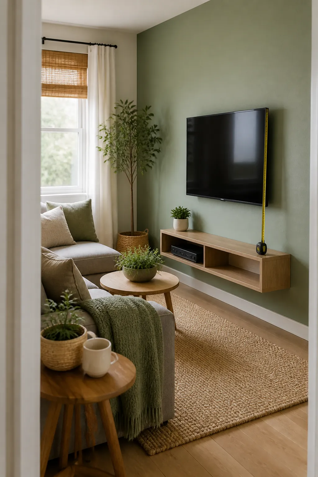 A tape measure stretched between a wall-mounted TV and an empty console shelf, a cable box waiting nearby