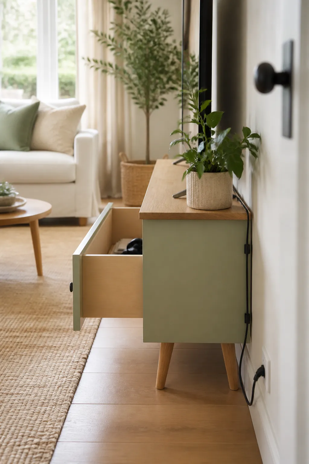 A cord clipped along the back leg of a TV console, running down to a wall outlet