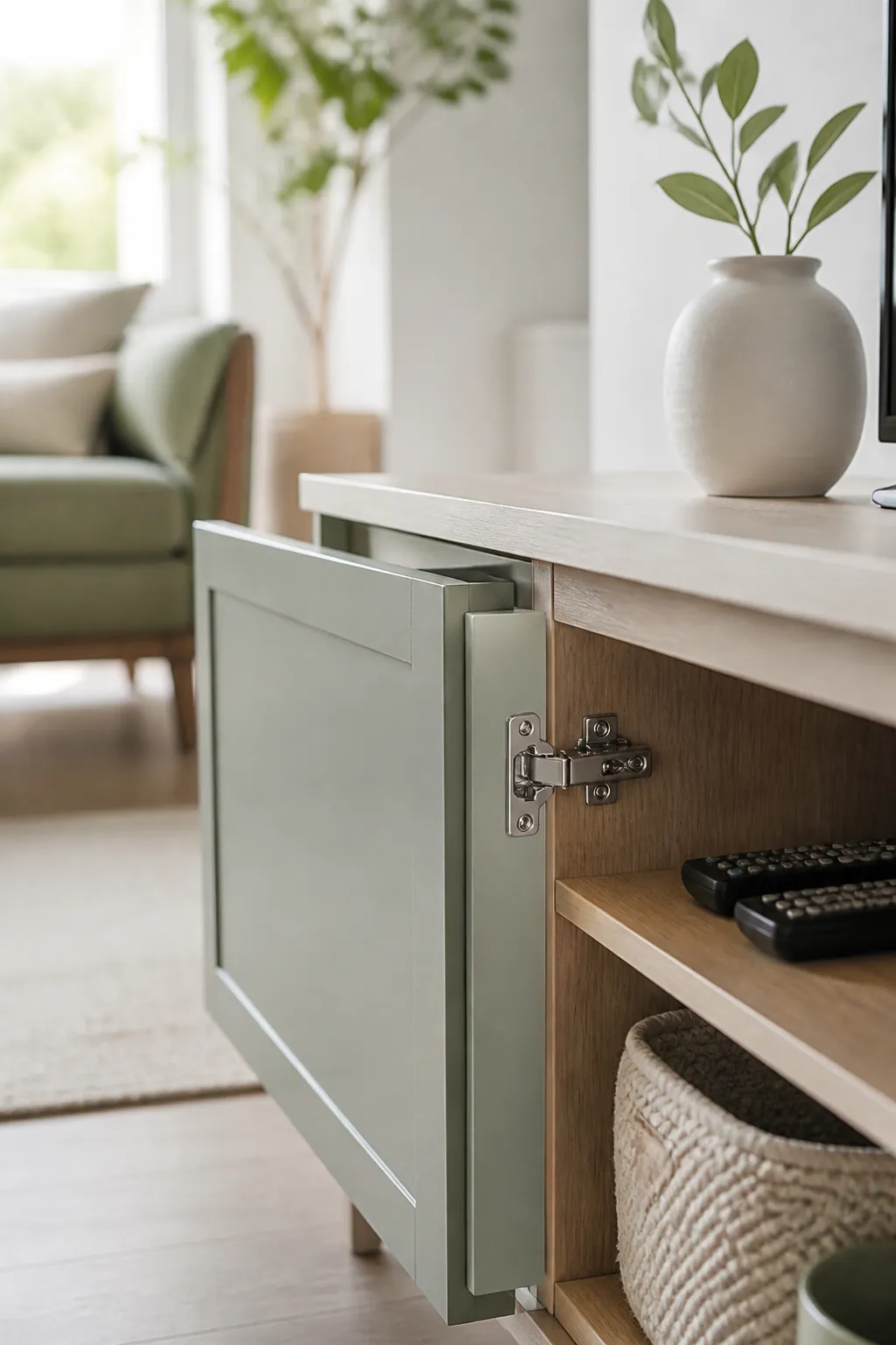 A TV console with a closed cabinet door on one side and an open shelf holding a basket of remotes