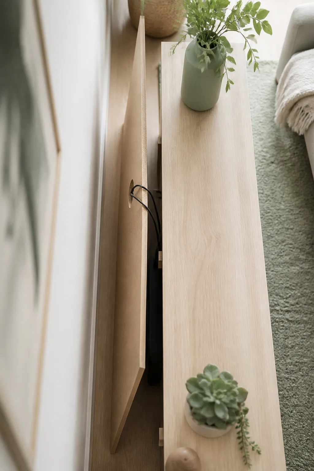 The back panel of a TV console pulled from the wall, showing a round cord cutout with cables threaded through