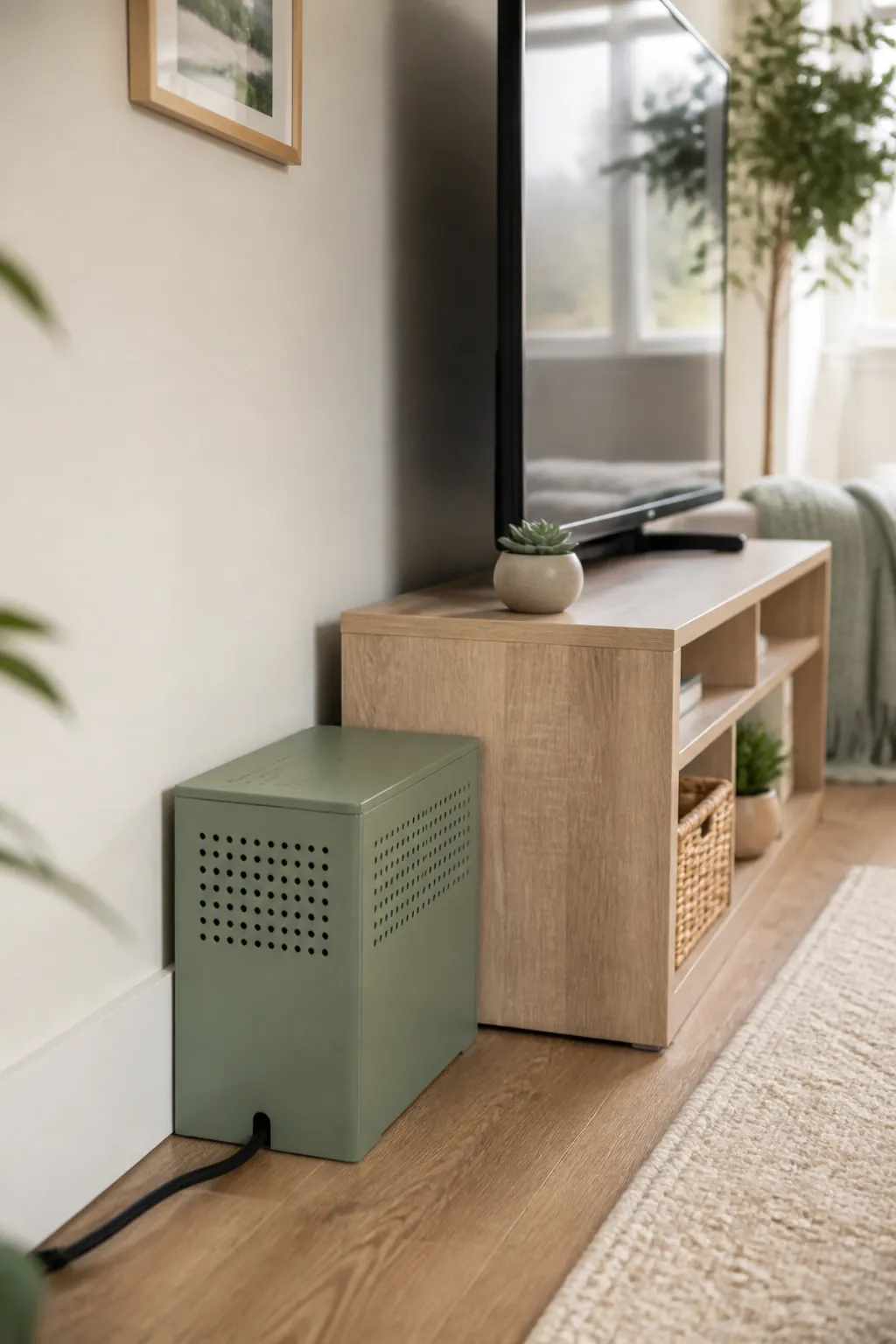 A vented cable management box behind a TV console holding a power strip and coiled cord slack inside