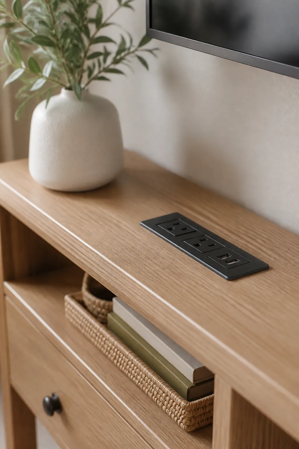 A slim console table with a built-in charging outlet on its top surface beneath a wall-mounted TV