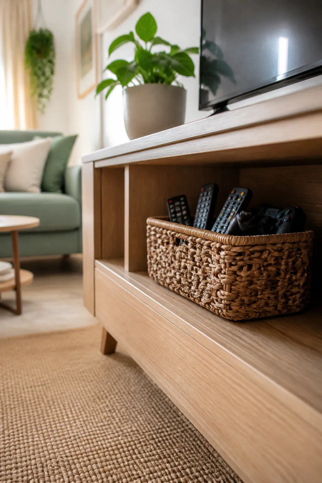A woven storage basket on an open console shelf holding several TV remotes and a game controller