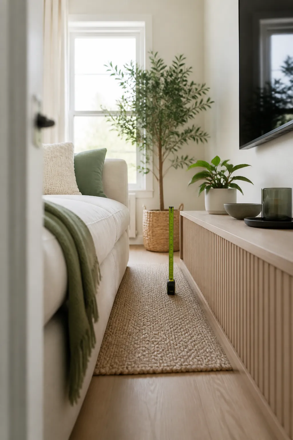 A low TV console beside a sofa, a tape measure marking the matching height between the console and seat