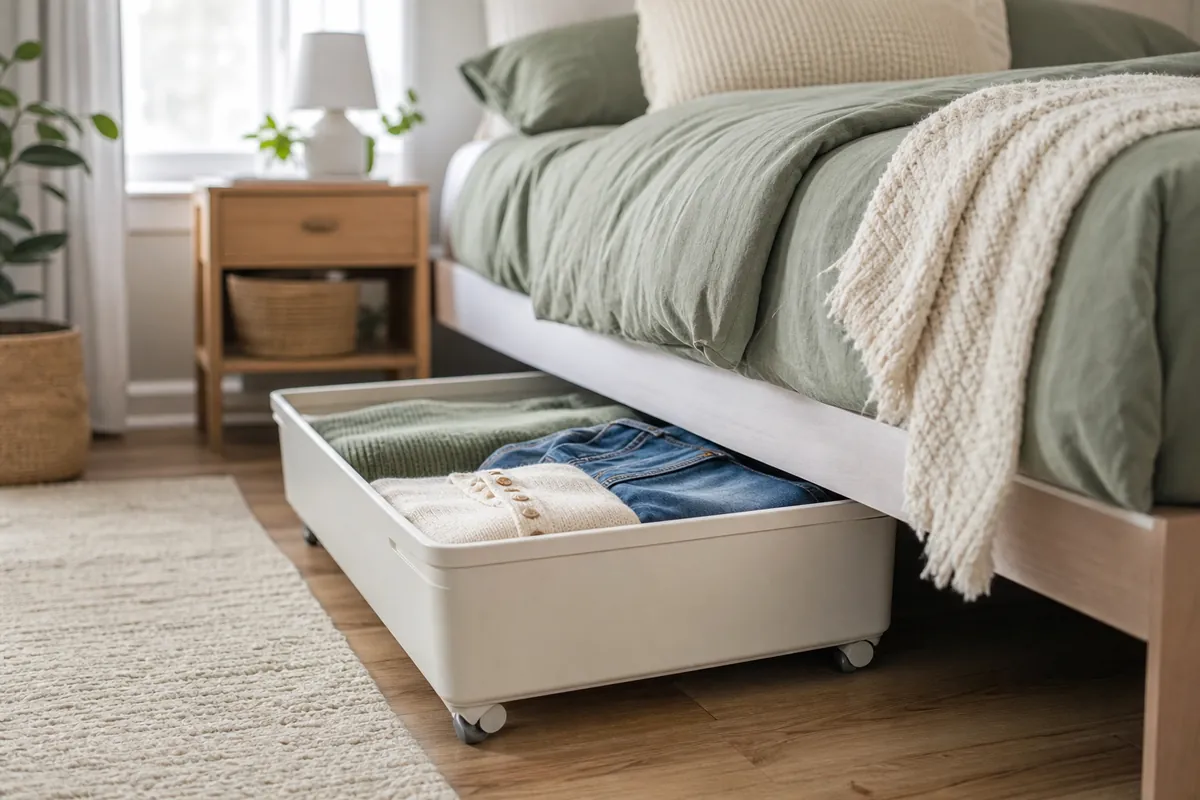 A rolling under-bed container pulled halfway out from under a bed with folded seasonal clothes inside