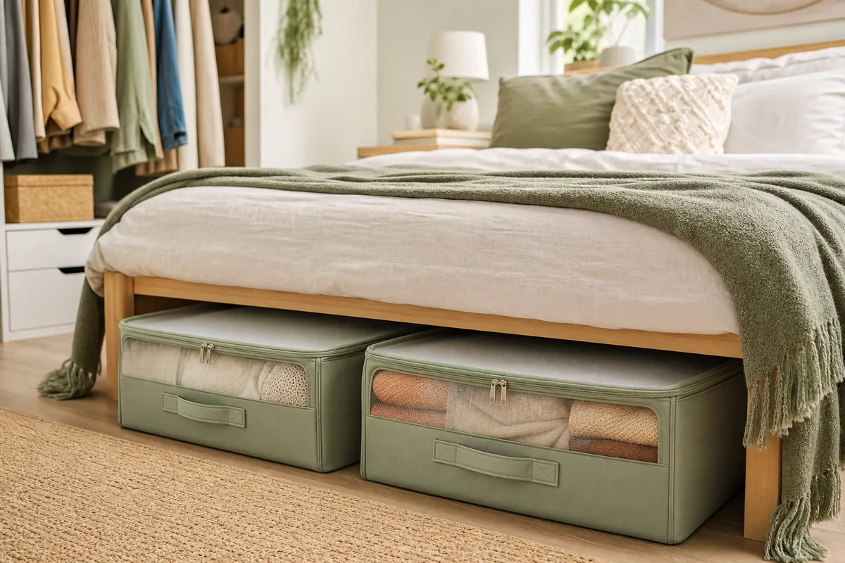 Two labelled under-bed containers side by side, one for the current season and one for the stored season