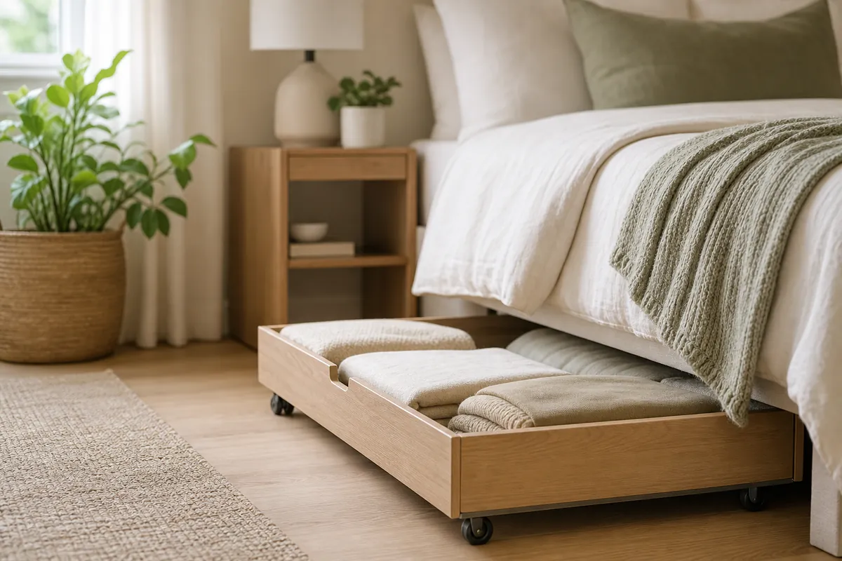Rolling under-bed storage drawer on wheels pulled out from beneath a bed, an under bed storage idea that stays easy to reach in a small bedroom