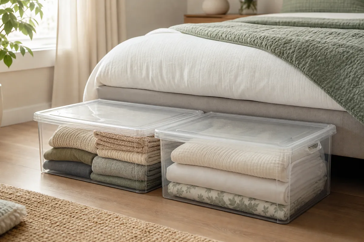Clear lidded under-bed storage containers holding off-season clothes and spare bedding, keeping under bed storage dust-free in a small bedroom