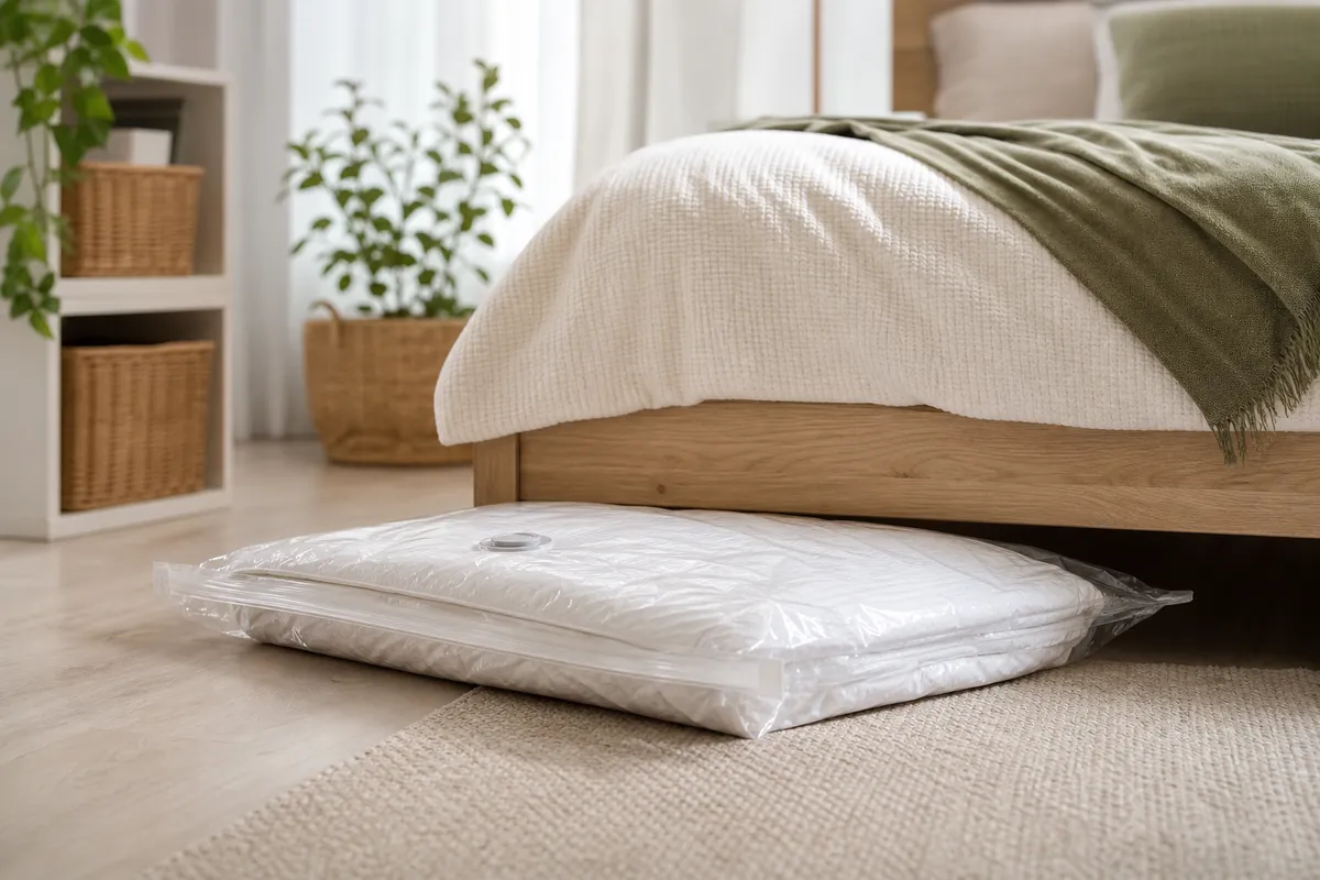 Vacuum storage bag compressing a duvet flat for under bed storage, a space-saving idea for bulky bedding in a small bedroom