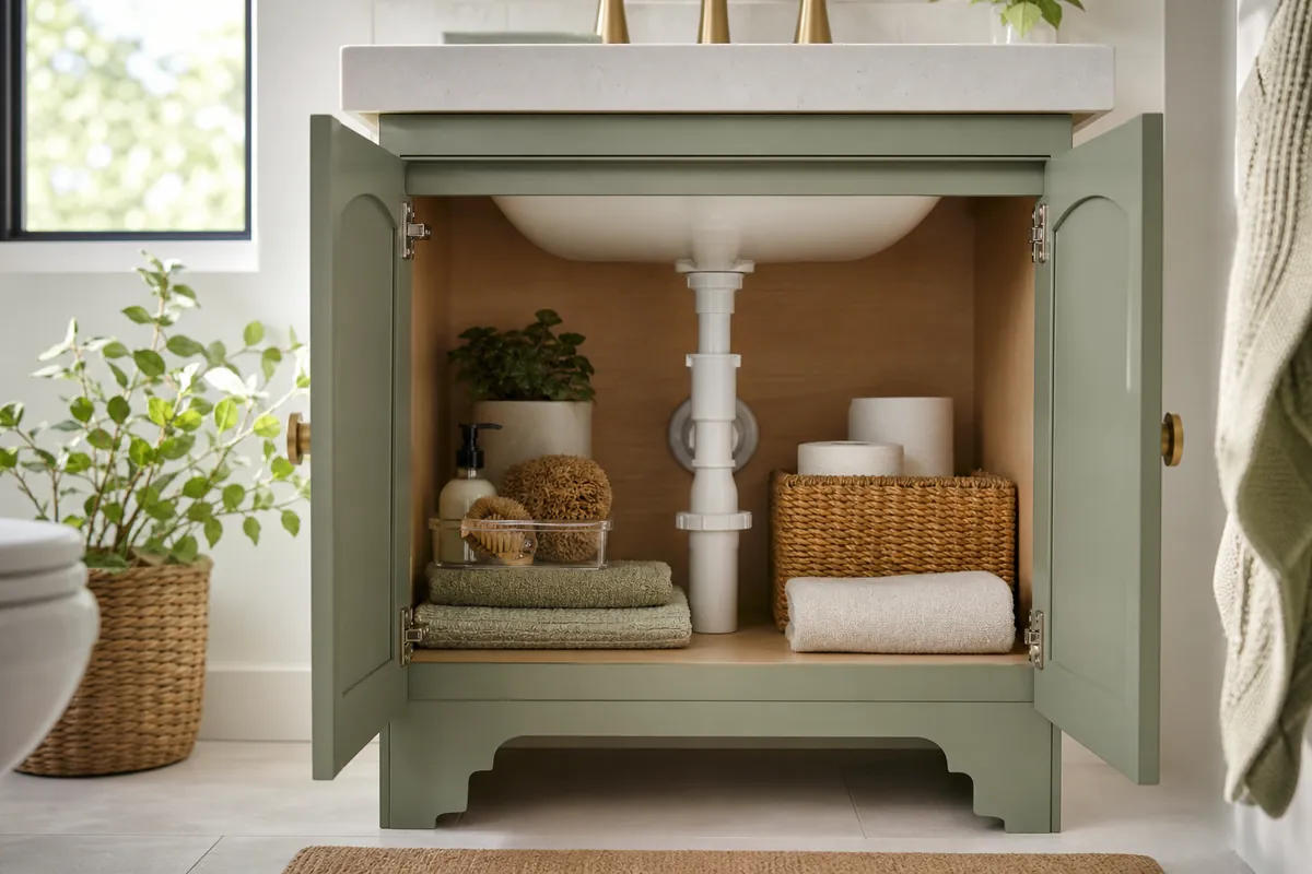 An open under-sink bathroom cabinet showing the drain pipe dividing the space into two usable pockets