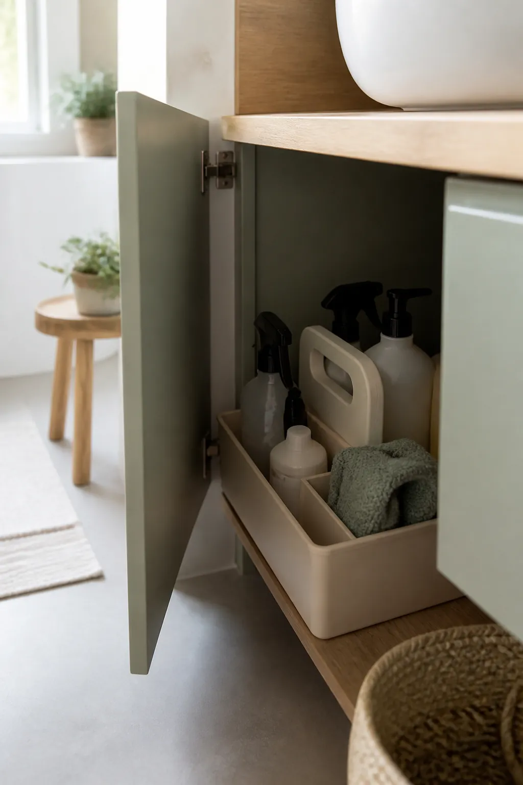 A lift-out caddy with a central handle under a sink holding cleaning bottles and a cloth