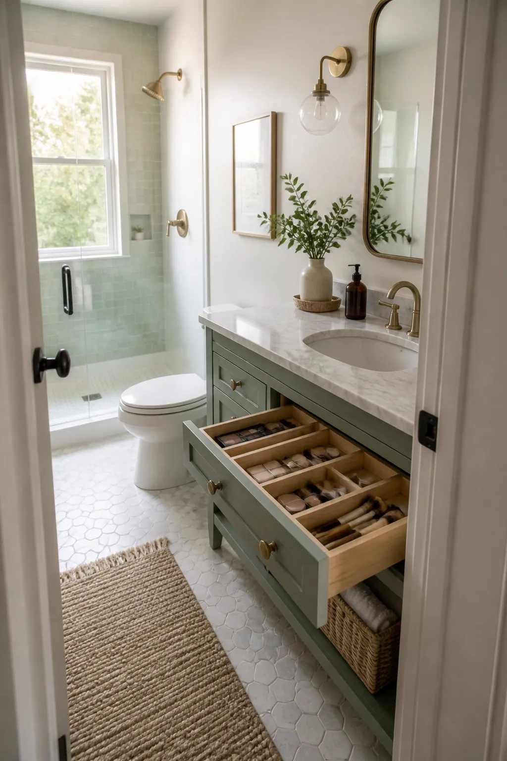 An open vanity drawer with adjustable dividers holding makeup and brushes in lanes