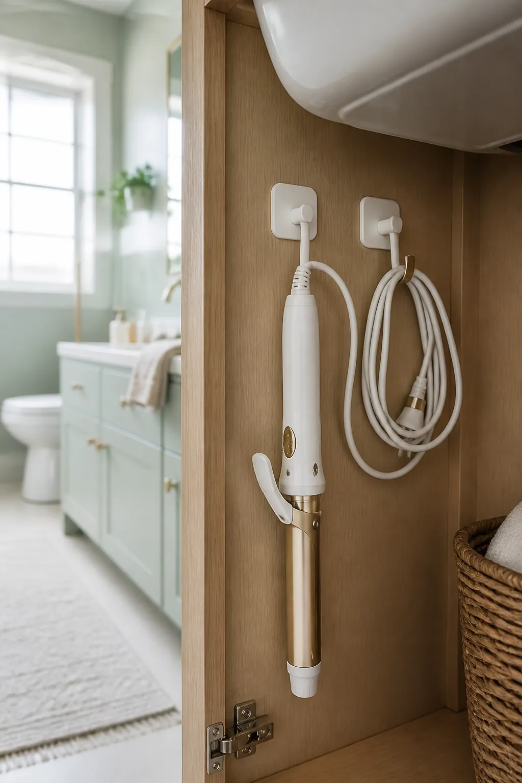 Stick-on hooks inside an under-sink cabinet holding a curling iron and a coiled cord