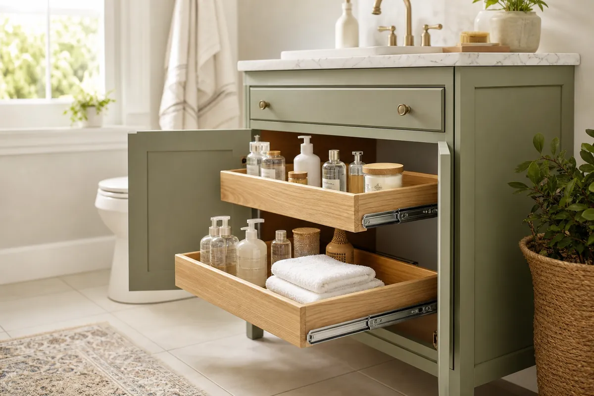 A two tier pull-out organizer under a bathroom sink with its tiers slid forward holding bottles