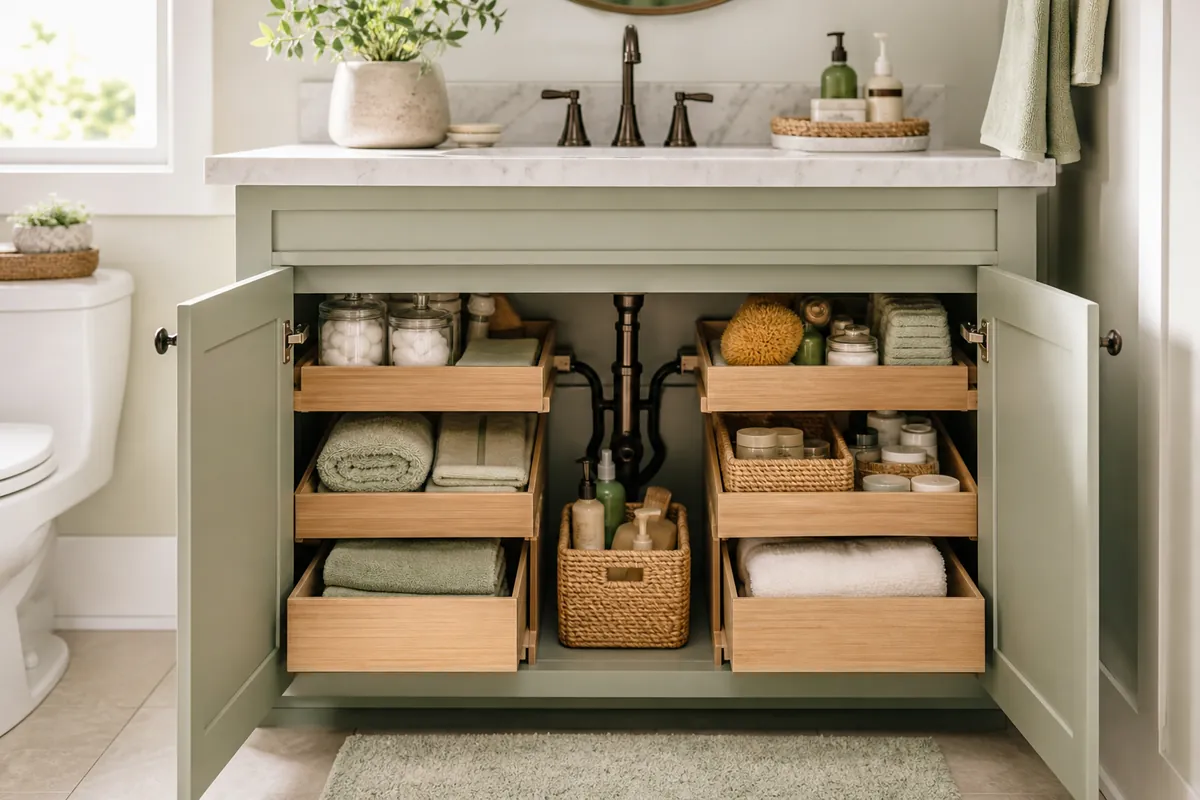 A finished under-sink bathroom cabinet with tiered storage fitted around the pipe and every item visible