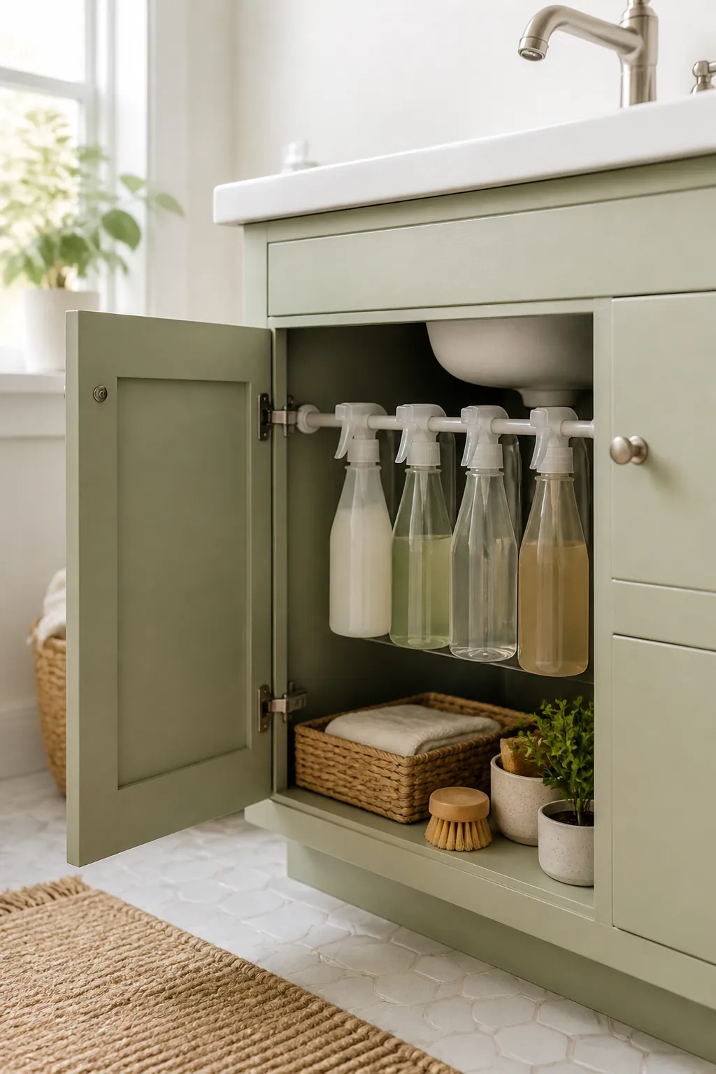 A tension rod across an under-sink cabinet with spray bottles hanging by their triggers