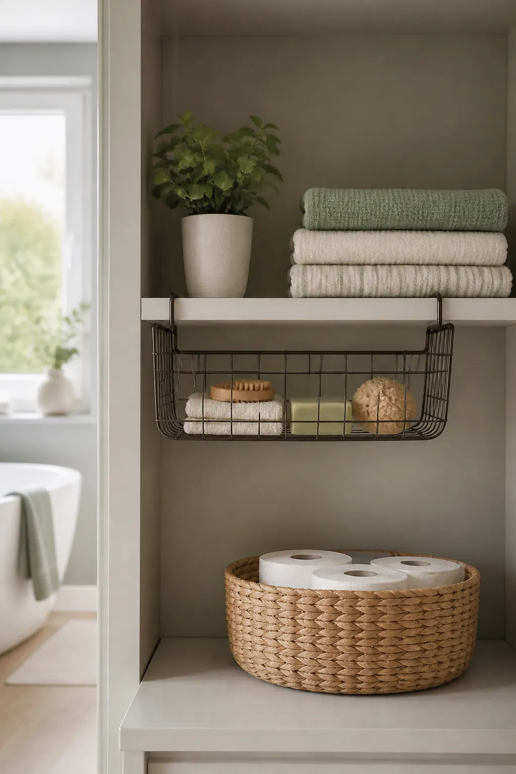 A wire basket hooked over a fixed shelf edge hanging beneath it with light items inside