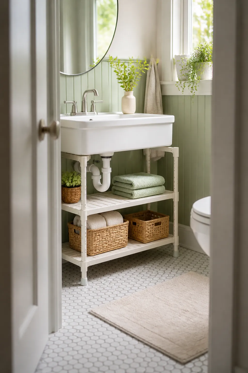 An expandable shelf with staggered legs straddling a P-trap, its platform above the pipe