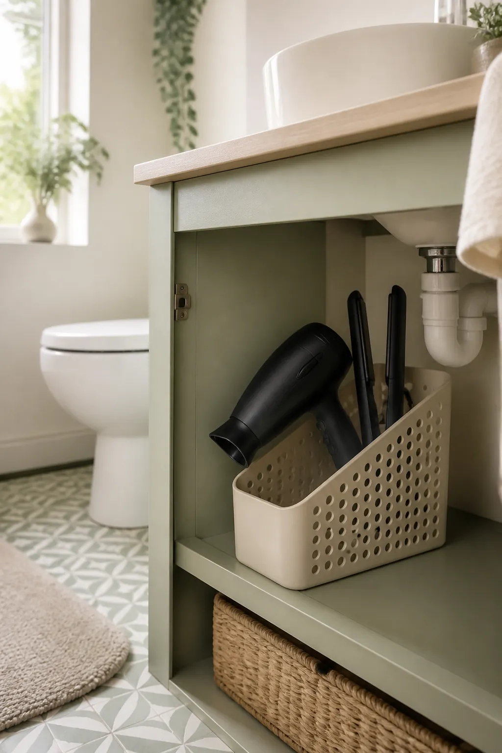 A plastic magazine file on its side under a sink holding a hair dryer and flat iron on end