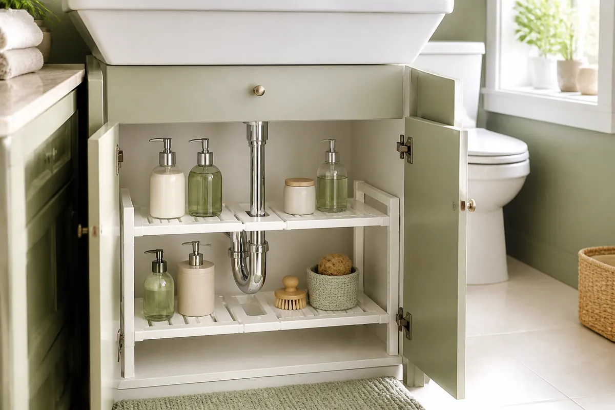 An expandable two-tier under-sink shelf fitted around the drain pipe inside a bathroom vanity cabinet