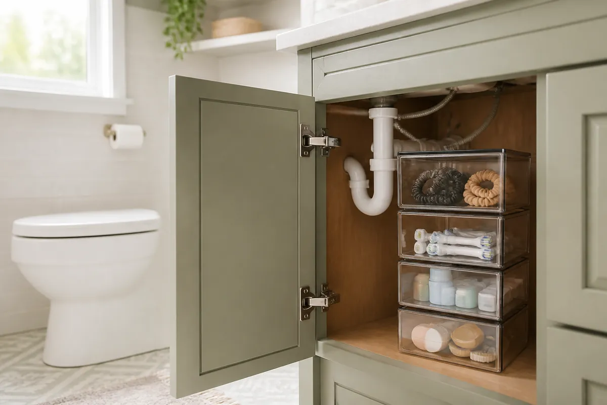 Small clear stackable drawers inside an under-sink bathroom cabinet holding toiletries