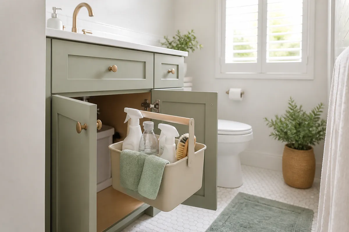 A cleaning caddy with a handle holding spray bottles inside an under-sink bathroom cabinet