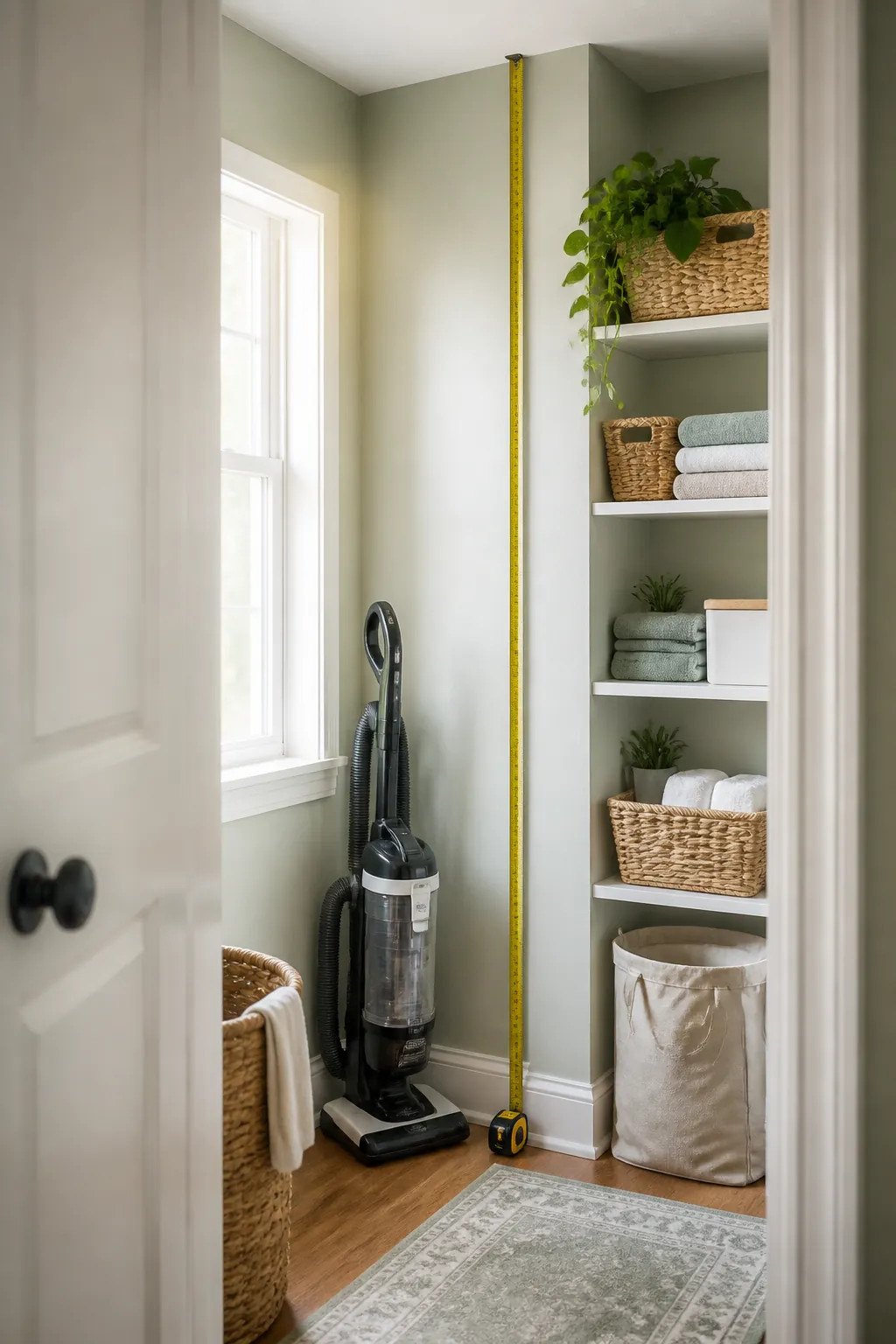 A tape measure stretched up a utility closet wall beside an upright vacuum standing on the floor.